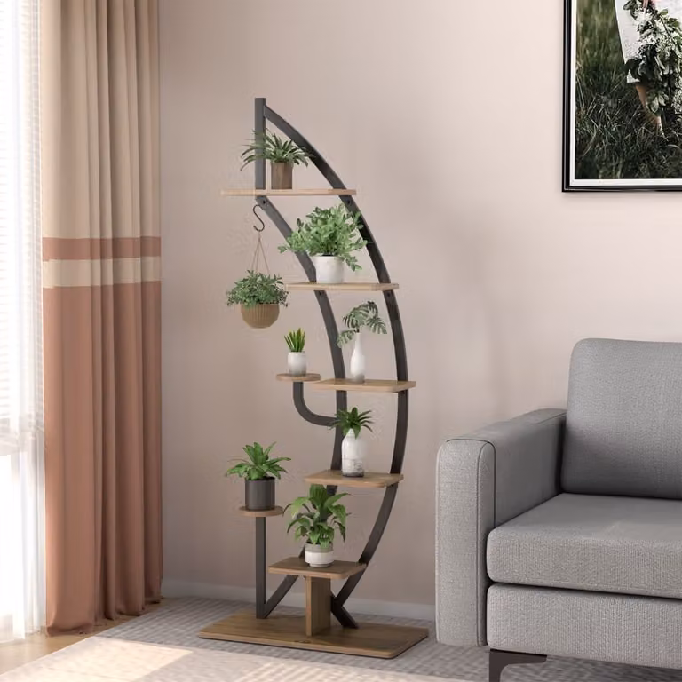 Scaffale per piante Costway in metallo a 7 livelli con design a mezza luna e gancio superiore, colore nero opaco