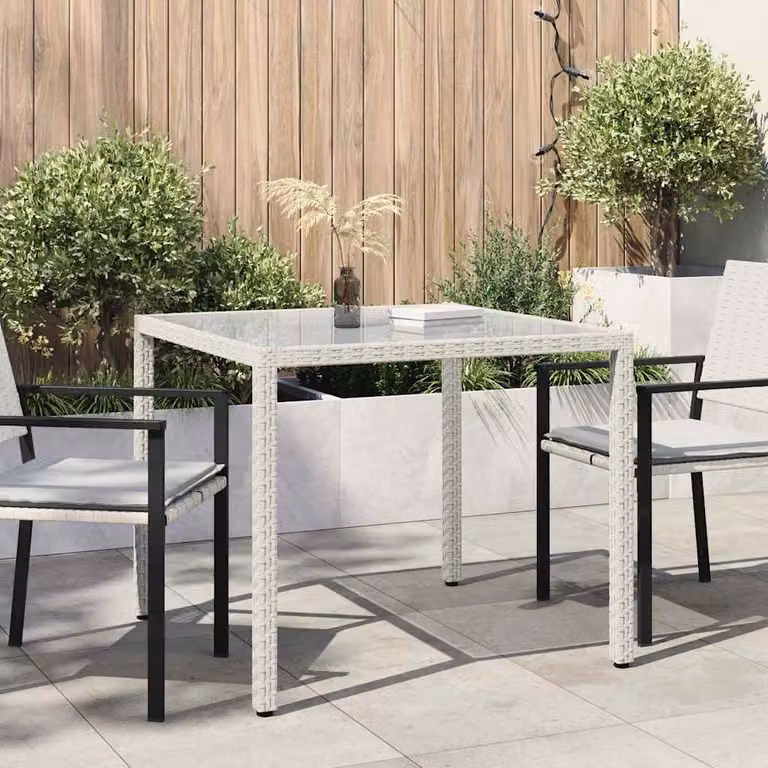 vidaXL Tavolo da giardino quadrato in polyrattan e vetro temperato bianco L/P/H: 90 x 90 x 75 cm
