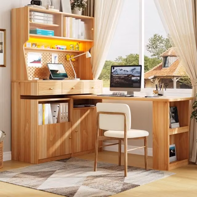 Armadio alto con scrivania integrata e illuminazione LED controllabile tramite app in MDF, Colore Beige e Marrone, L: 137 cm, P: 74 cm, H: 177.7 cm
