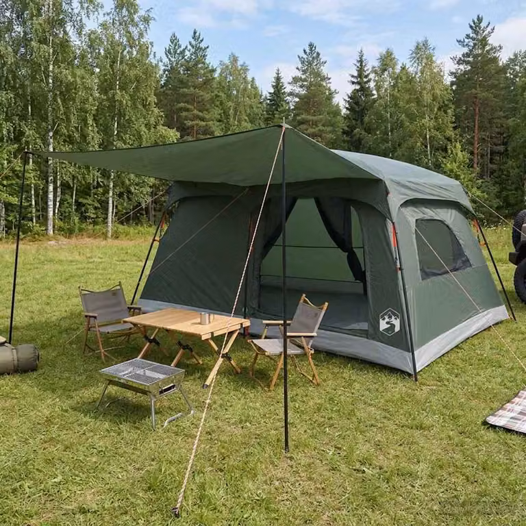 Tenda Familiare vidaXL per 10 Adulti, Verde Militare, Poliestere e Acciaio, L/P/H: 420 x 315 x 208 cm