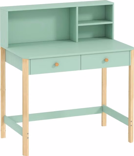 Scrivania per bambini AIYAPLAY in legno con 3 ripiani e 2 cassetti, Verde, L 90 cm x P 52 cm x H 105 cm