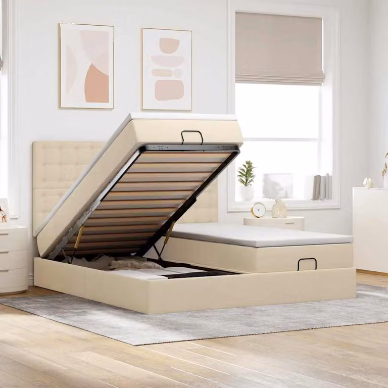 Letto con contenitore e materasso vidaXL in tessuto beige e bianco, con base a sollevamento, illuminazione sottostante e porta USB, L/P/H: 180 x 200 x 128 cm