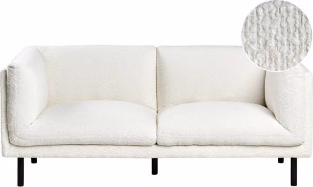Divano a 2 posti Beliani in tessuto bouclé bianco con gambe nere per il tuo salotto moderno L: 180 cm, H: 84 cm, P: 76 cm