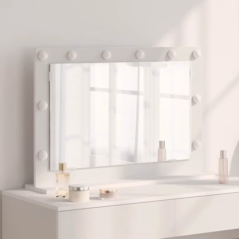Specchio da vanità da tavolo vidaXL con luce LED, bianco, rettangolare, L: 80 cm, P: 18 cm, H: 15 cm