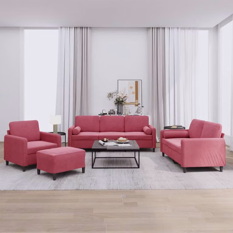 Set di divani vidaXL 4 pezzi in velluto rosso con pouf e cuscini per soggiorno moderno