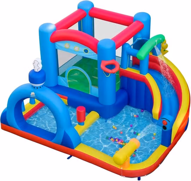 Scivolo gonfiabile ad acqua per bambini multicolore con piscina, cannone ad acqua, giochi a bersaglio e basket in PVC e tessuto, L/P/H: 370 x 360 x 204 cm