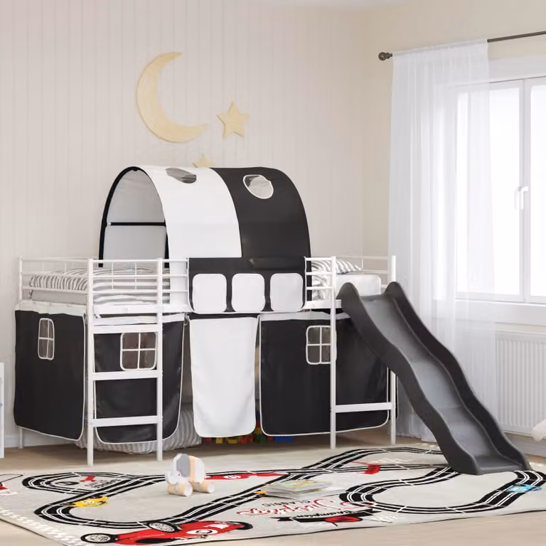 Letto a castello singolo per bambini vidaXL in metallo con struttura a casetta e scala, Bianco e Nero, L/P/H: 200 x 80 x 116 cm