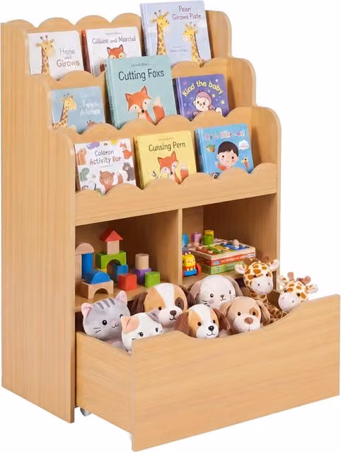 Libreria per bambini DESIGN IN con 3 ripiani, 2 scomparti aperti e cassetto su ruote, colore beige, stile scandinavo