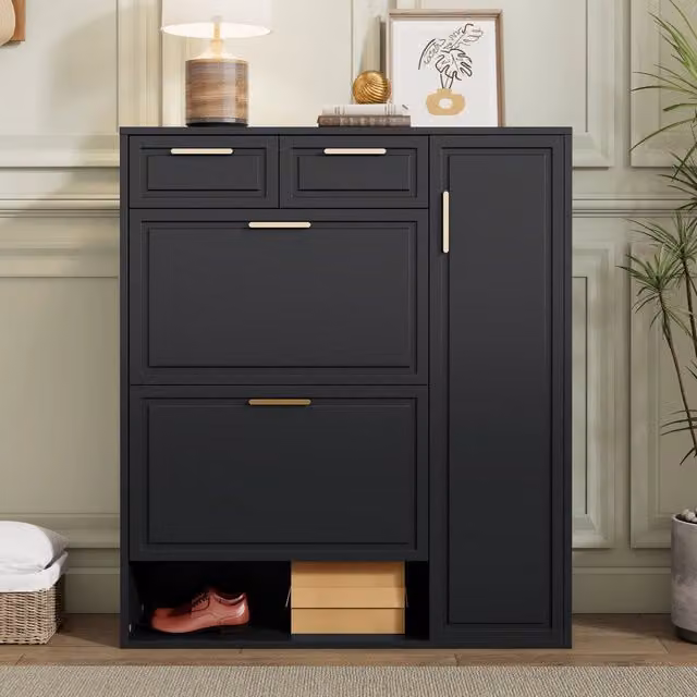 Scarpiera OKWISH per ingresso con ante a battente, cassetti e ripiani, in MDF e metallo, nero, L: 95 cm, P: 24 cm, H: 107 cm