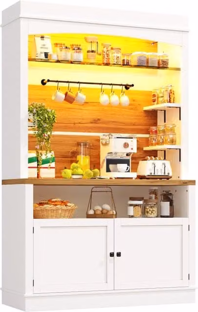 Credenza alta moderna per cucina con vani aperti, 1 anta, 6 ganci e illuminazione LED, in MDF e metallo, bianco, L: 107 cm, P: 34 cm, H: 184 cm
