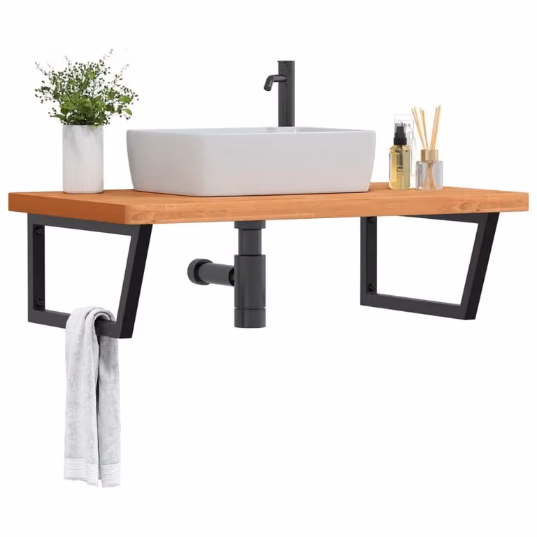 vidaXL Ripiano a Parete per Lavabo Moderno in Legno di Faggio e Metallo, Nero e Marrone, L: 60 cm, P: 3 cm, H: 60 cm
