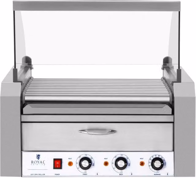 Griglia elettrica per salsicce con 11 rulli e cassetto scaldavivande in acciaio inox color argento