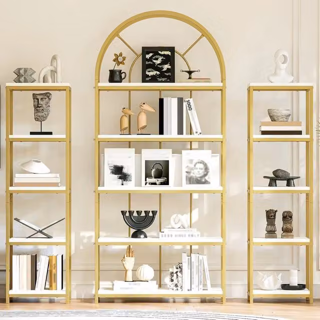 Set di scaffali modulare con arco Zephmum con telaio metallico dorato e piani MDF bianchi L: 163 cm, P: 30 cm, H: 184 cm