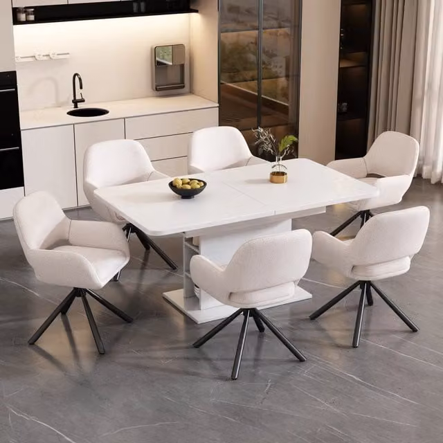 Set di 6 sedie da pranzo girevoli Zephmum bianche in tessuto con dettagli in legno e metallo