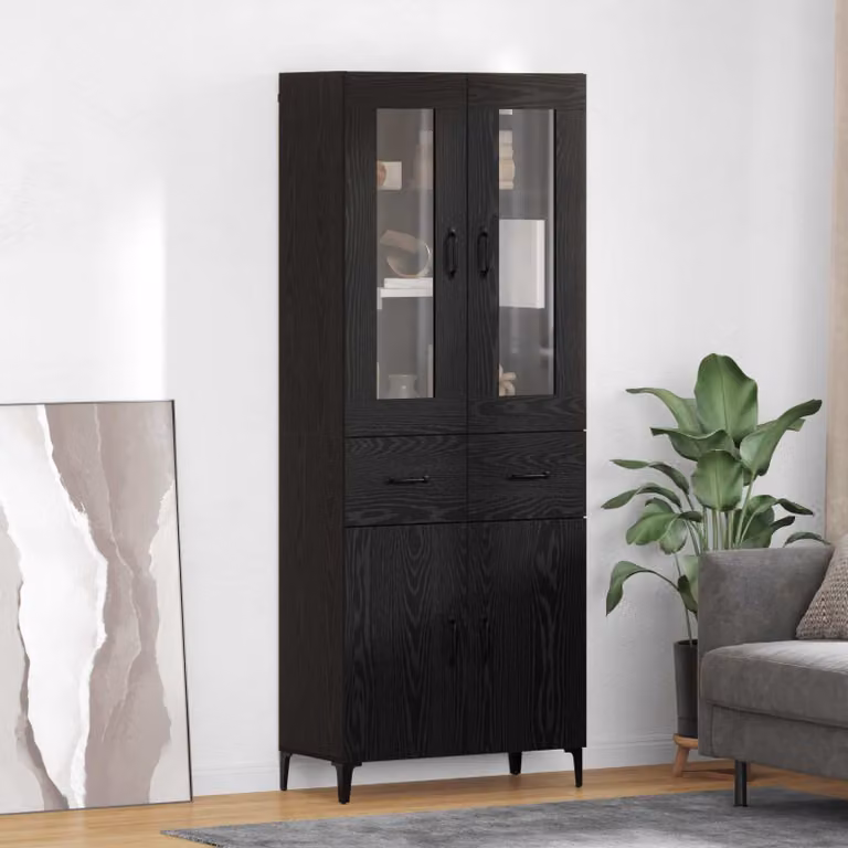 Credenza moderna vidaXL in legno e metallo con ante in vetro, colore nero, L/P/H: 69,5 x 34 x 180 cm
