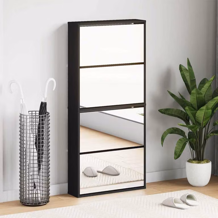 Scarpiera con specchio vidaXL nera con scomparti basculanti L: 63 cm, P: 17 cm, H: 134 cm