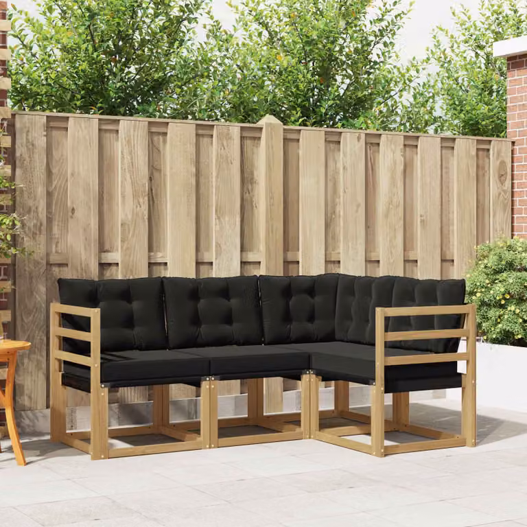 Set di divani da esterno vidaXL a forma di L in legno di acacia con cuscini, Bianco, Nero e Marrone