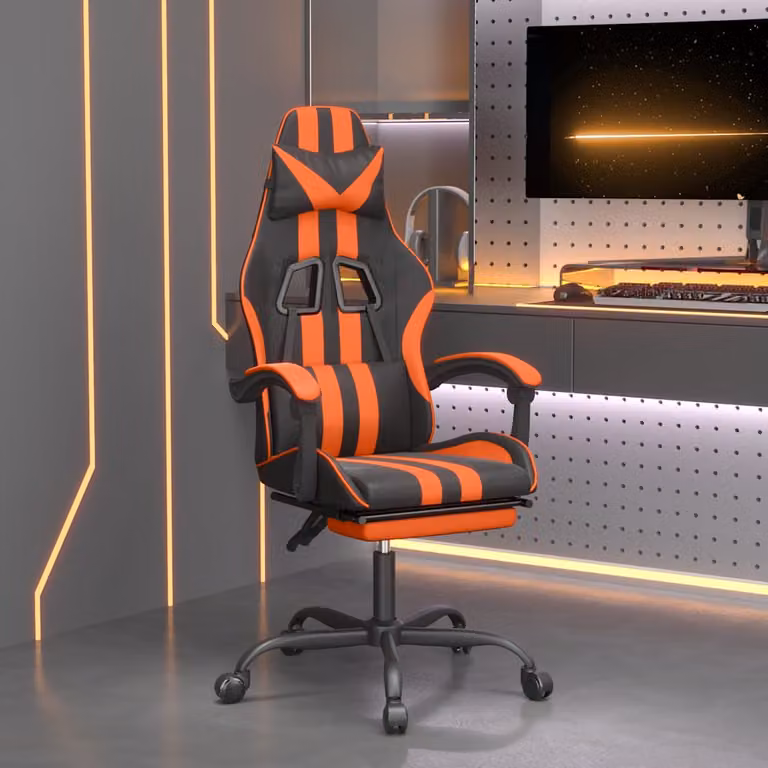 Sedia da Gaming Girevole vidaXL in Similpelle Nero e Arancione con Poggiapiedi e Braccioli