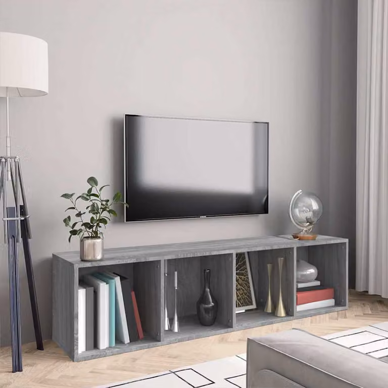 Libreria e Mobile TV vidaXL Grigio, in Legno Multistrato e MDF, da Appendere al Muro, L: 143 cm, P: 30 cm, H: 36 cm