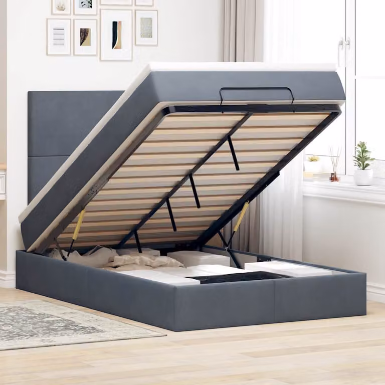 Letto con Pouf e Materasso vidaXL in Velluto con Base a Sollevamento, Illuminazione Sotto il Letto e Porte USB, Grigio e Bianco, L/P/H: 200 x 80 x 45 cm