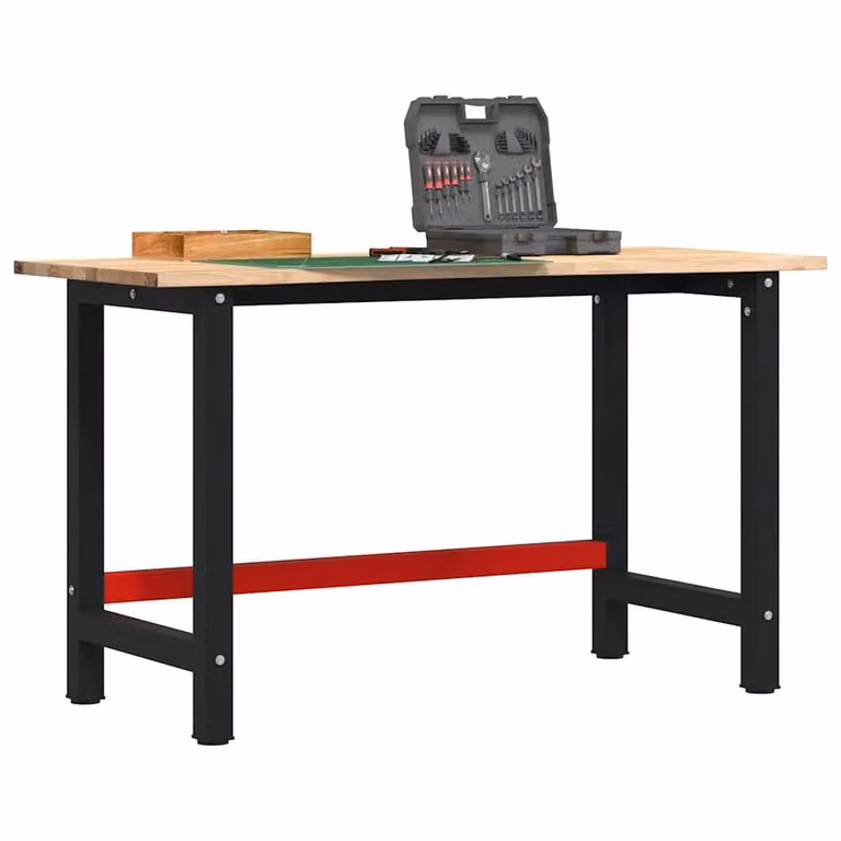 vidaXL Banco Lavoro in Legno Massello di Rovere e Metallo, L/P/H: 140 x 60 x 81,5 cm