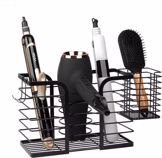 Supporto da Parete Avilia Home in Metallo per Phon, Piastre e Prodotti Beauty, Nero, Adesivo Senza Trapano