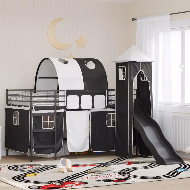 Letto a castello per bambini vidaXL in metallo nero con struttura a casetta e scala L/P/H: 205 x 90 x 150 cm