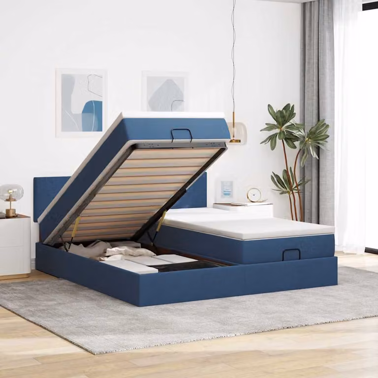 Letto con contenitore a sollevamento vidaXL in tessuto blu e bianco con illuminazione sottostante e porta USB, L: 180 cm, P: 200 cm, H: 88 cm