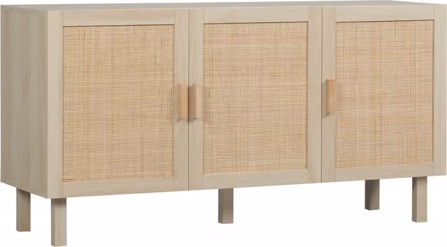 Buffet Mobile da Archiviazione HOMCOM con 3 Ante in Effetto Rattan e Stile Bohémien, Colore Marrone e Beige, L: 136 cm, P: 41 cm, H: 70 cm
