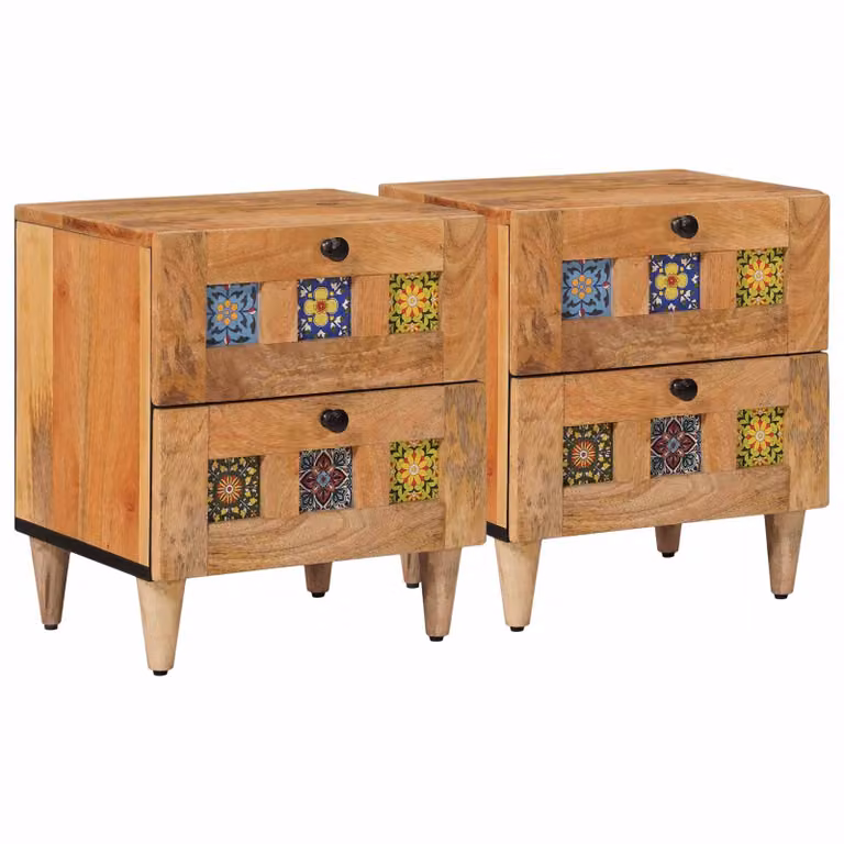 Set di 2 Armadi da Notte vidaXL in Legno di Mango Naturale L: 40 cm, P: 33 cm, H: 46 cm