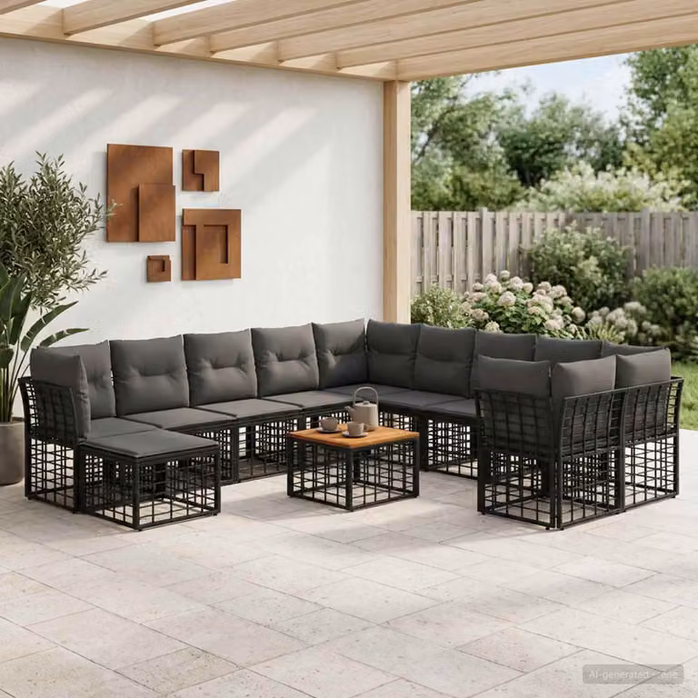 Set di divani da esterno vidaXL 12 pezzi a forma di U con tavolino e pouf, colore nero e grigio, struttura in acciaio verniciato a polvere e tessuto resistente alle intemperie