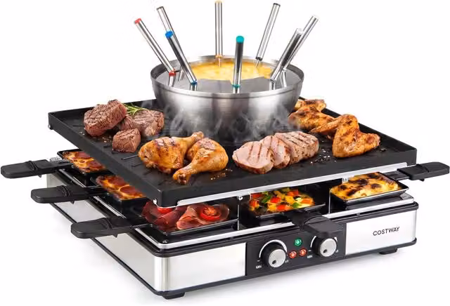 Griglia elettrica 3 in 1 per raclette e fonduta DESIGN IN da 2200 W con teglia antiaderente, 8 padelline, forchette e doppio termostato, colore argento