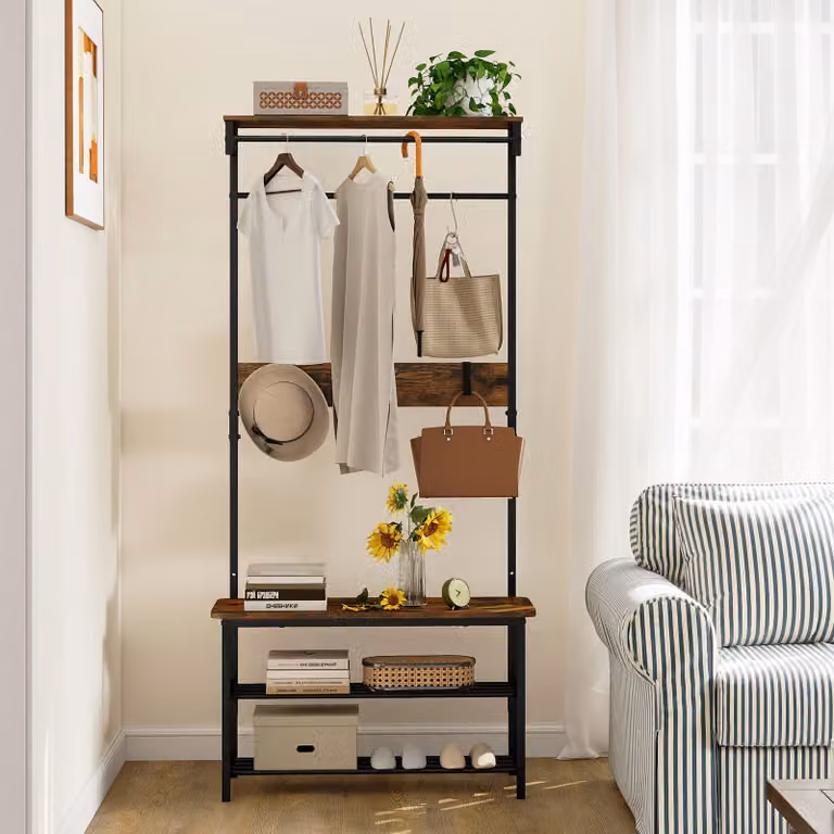 Costway Attaccapanni 5 in 1 con Panca e Scarpiera in Stile Industriale per Ingresso, Colore Nero e Marrone
