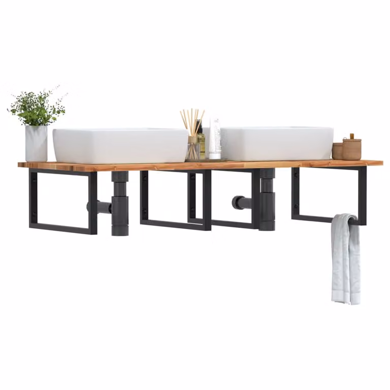 vidaXL Ripiano a Parete per Lavabo in Legno di Acacia e Metallo, Nero e Marrone, L: 120 cm