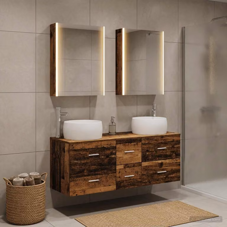 Set di mobili per il bagno moderno vidaXL in legno e vetro marrone con mobile lavabo e armadietto specchio con illuminazione LED, L/P/H: 120 x 44,5 x 66 cm