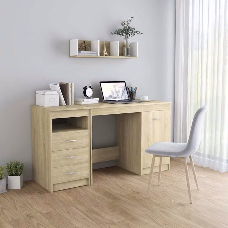 Scrivania moderna vidaXL con cassettiera in MDF laminato, colore marrone e beige, L: 140 cm, P: 50 cm, H: 76 cm