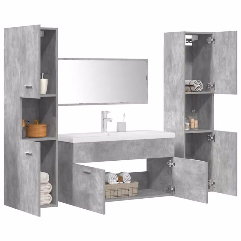 Set di mobili da bagno vidaXL 5 pezzi in legno e vetro, colore grigio e bianco, design moderno con mobile lavabo, pensili e specchio