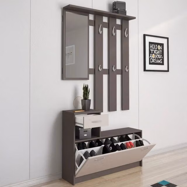 Mobile da ingresso moderno DMORA con specchio e scarpiera, Bianco e Antracite, L: 100 cm, P: 25,5 cm, H: 190 cm