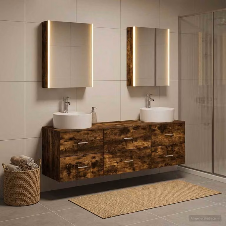 Set di mobili per il bagno moderno vidaXL in legno e vetro marrone con armadietto a specchio con illuminazione LED e mobile lavabo sospeso