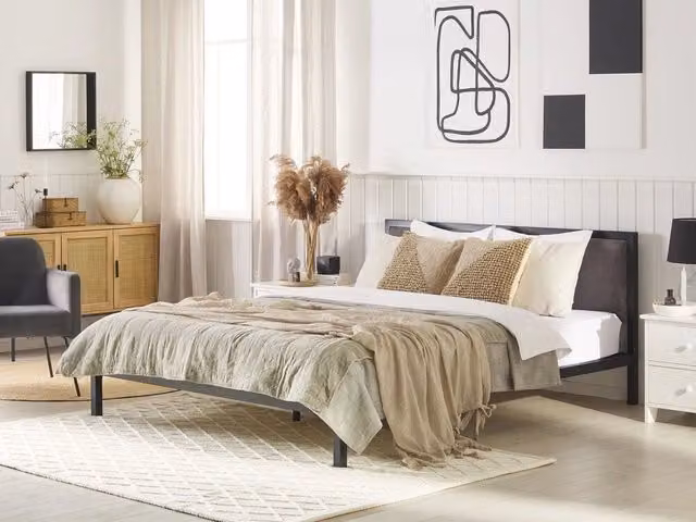Letto Beliani in stile industrial con struttura in metallo e tessuto, Nero e Grigio, L/P/H: 160 x 200 x 85 cm