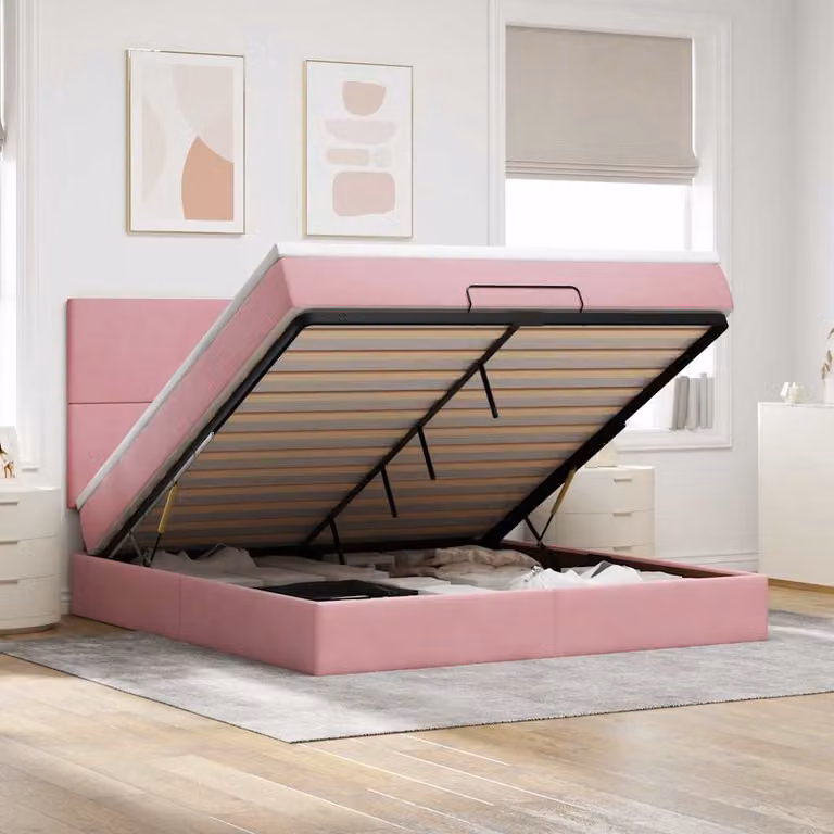 Letto con contenitore e pouf vidaXL in velluto rosa e bianco, con base a sollevamento, illuminazione sottostante e porta USB, L: 180 cm, P: 200 cm, H: 128 cm