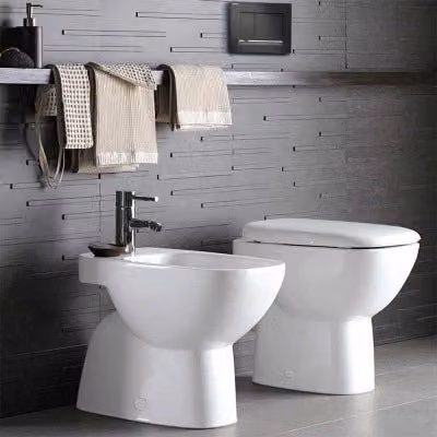 Sanitari Geberit Fantasia in ceramica bianca con scarico a terra e copriwater, L: 35.5 cm, P: 41.0 cm, H: 49.0 cm
