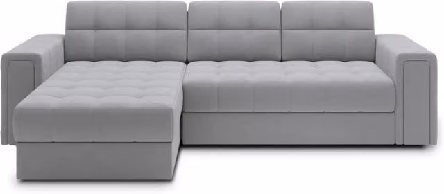 Divano angolare convertibile KAPITARA MEUBLORAMA grigio con contenitore e funzione letto, design moderno a L con struttura in legno e rivestimento in tessuto, L/P/H: 260 x 150 x 82 cm