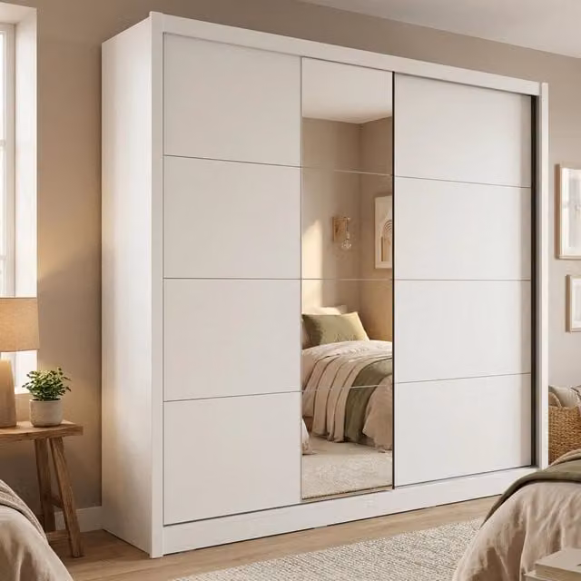 Armadio da camera da letto DMORA con ante scorrevoli e specchio, Bianco Opaco, L: 251 cm, H: 215.5 cm, P: 60 cm