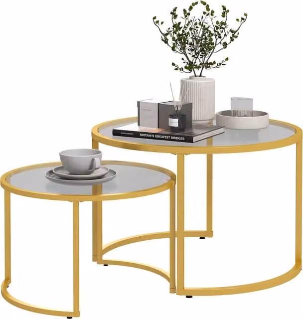 Set di 2 tavolini da salotto rotondi HOMCOM con piano in vetro trasparente e struttura in metallo dorato e nero