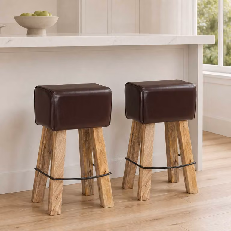 Set di 2 sgabelli da bar vidaXL in pelle marrone con struttura in legno di mango L/P/H: 44 x 33 x 74 cm