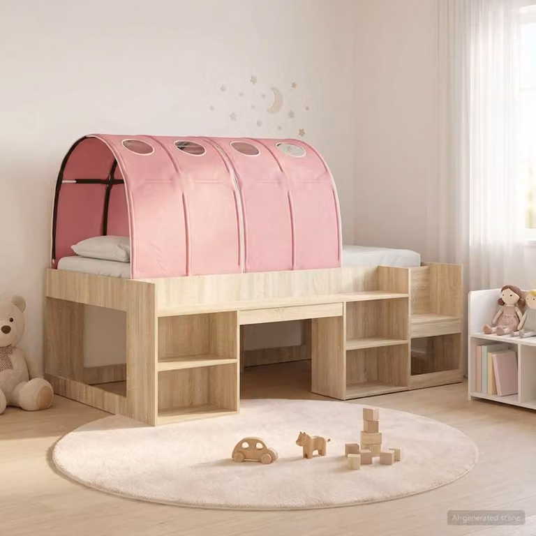 Letto alto per bambini vidaXL con contenitore, 3 pezzi, Rovere Sonoma e Rosa, L: 203 cm, P: 120 cm, H: 118,5 cm