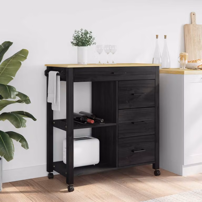 vidaXL Carrello da Cucina MONZA Moderno in Legno di Pino Nero L: 84 cm, P: 40 cm, H: 88,5 cm