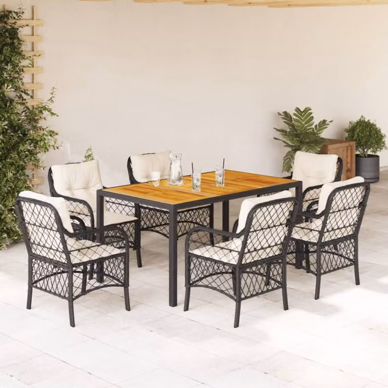 vidaXL Set da Pranzo da Giardino 7 pz in Polyrattan e Legno di Acacia con Cuscini Nero, Beige e Bianco