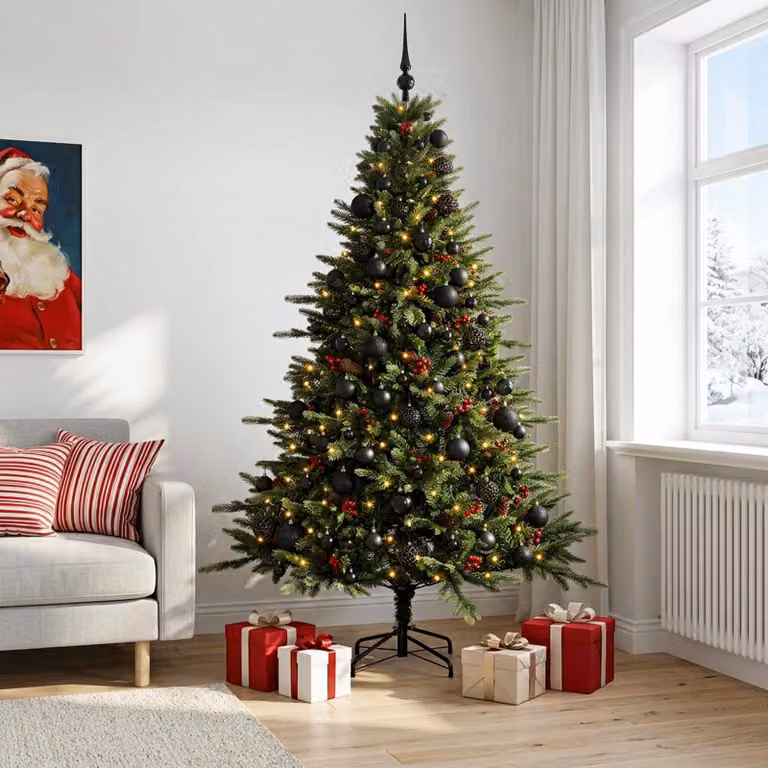 Albero di Natale artificiale verde vidaXL con 300 LED luce bianca calda e decorazioni, Altezza: 210 cm
